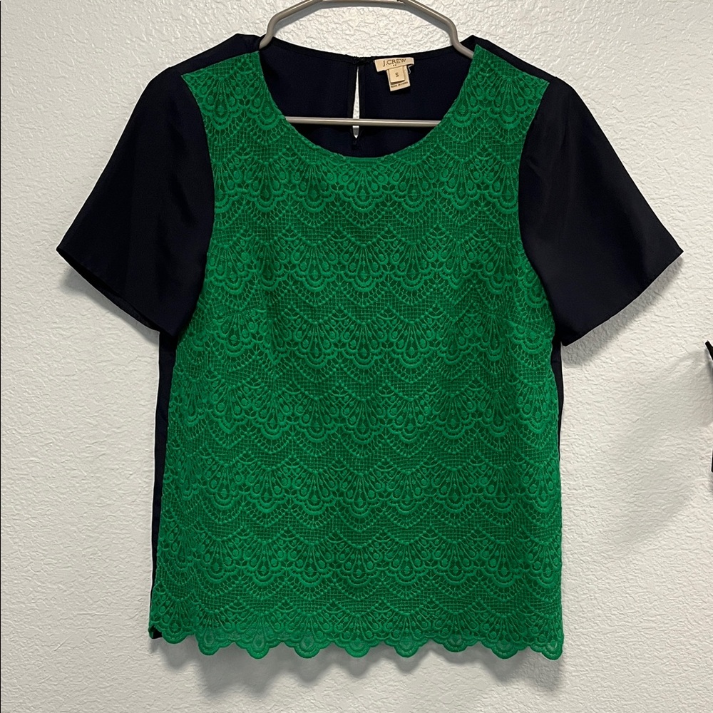 J. Crew Green Lace Blouse with Navy Sleeves